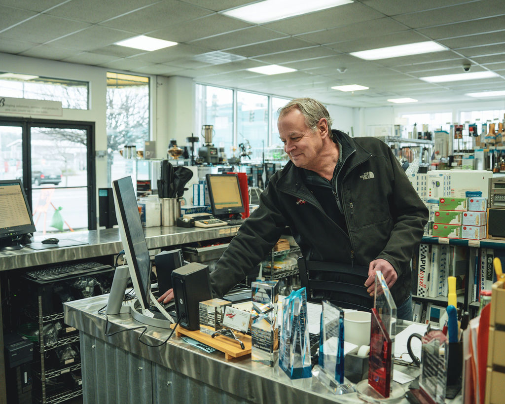 Mike Dremann at the sales counter at Dick's Restaurant Supply Seattle